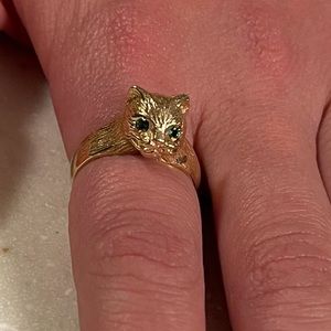 14K Yellow Gold Cat Ring Emerald Eyes Size 6.25 - 3.8 Grams RARE